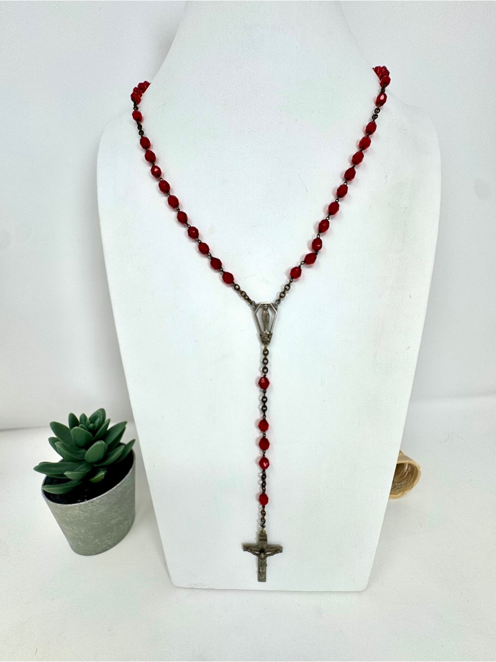 Antique Red Crystal Rosary-Style Religious Necklace